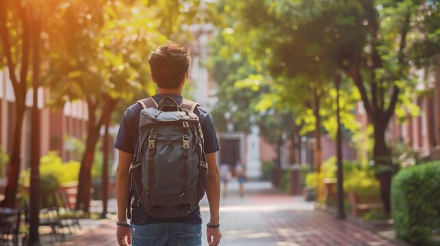 Back to school, Back of college student with backpack while going to university by walking from street, teenager in campus, education background. copy space for text.