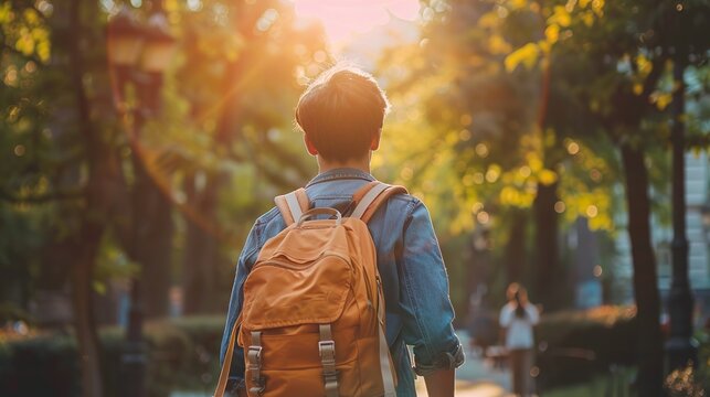 Back to school, Back of college student with backpack while going to university by walking from street, teenager in campus, education background. copy space for text.