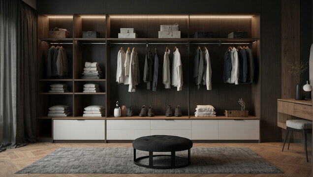 AI generative of 3d render interior of walk in closet of minimalist modern style. Opened cabinet shelfs of wood and white duco finish. Wood parquet floor and white ceiling. Set 3