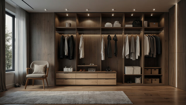 AI generative of 3d render interior of walk in closet of minimalist modern style. Opened cabinet shelfs of wood and white duco finish. Wood parquet floor and white ceiling. Set 1