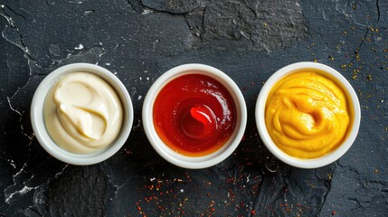Indulge in a trio of classic sauces mayonnaise, mustard, and ketchup perfect for adding flavor to any dish, Ai Generated.