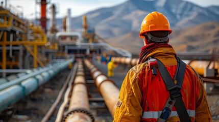 Worker inspecting pipelines at an oil field, safety gear, expansive desert backdrop,