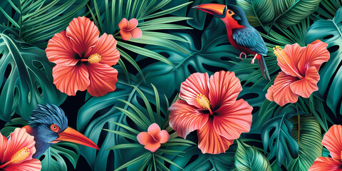 A seamless pattern of tropical flowers and birds