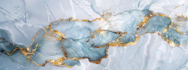 Fototapeta premium Marble texture, surrounded by rounded edges with golden accents, decorative paintings, light blue and white color scheme.