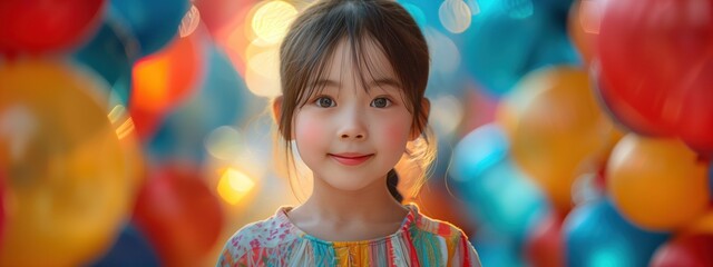 Asian girl in festive dress smiles against background of colorful balloons. Holiday atmosphere. Banner with place for text. Concept of children, happy childhood and international children's day