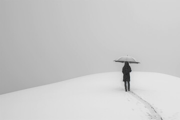 Lonely Figure with Umbrella in Snowy White Landscape