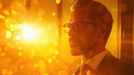 Visionary Thought: A man with glasses, bathed in a warm, golden glow, gazes thoughtfully into the distance, with a look of contemplation and focused introspection.