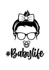 #Baby Life | Messy Bun Hair | Baby Hairstyle | Baby in Glasses | Baby Pacifier | Hair style | Ribbon | Original Illustration | Vector and Clipart | Cutfifle and Stencil