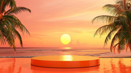 A round stage with palm trees in the background and a sunset in the background