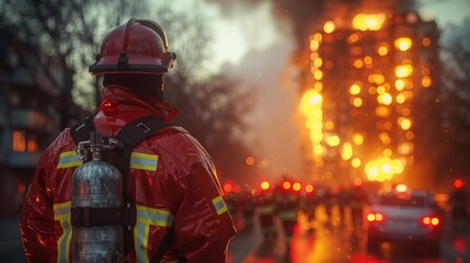 A fireman in a red jacket stands in front of a burning building