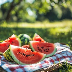 Juicy watermelon slices on a sunny picnic, quintessential summer refreshment, bright and refreshing
