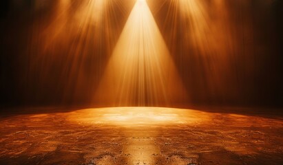 A gold light beam shines down from the top left corner of an empty stage, creating a symmetrical composition