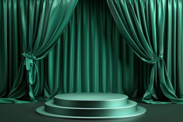 3d podium green background and fabric curtain with spotlight luxury - generative ai