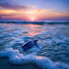 Obraz premium Turtle wading into ocean under twilight sky, serene environmental awareness scene for World Turtle Day, soft focus, tranquil mood