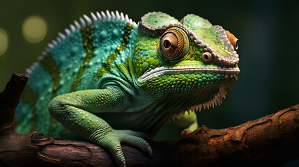 colorful chameleon on branch, exotic reptile. Wildlife Concept