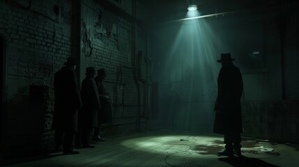 A clandestine meeting of mafia members in a deserted warehouse, plotting under a single beam of light