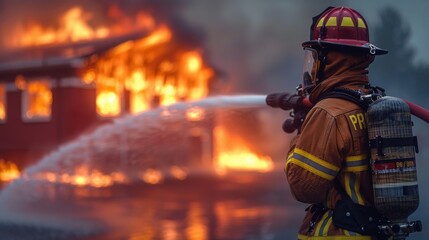 A firefighter is standing in front of a burning building