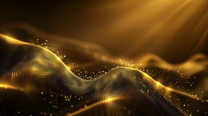 A golden abstract background with a black gradient, featuring a wavelike pattern of dots and lines that create an elegant design