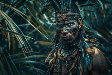 fierce tribal warrior in a dense jungle setting adorned with primitive accessories aigenerated digital art portraying a savage and barbaric character