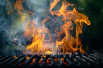 fiery flames and billowing smoke from outdoor grill summer barbecue concept photo
