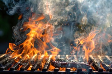 fiery flames and billowing smoke from outdoor grill summer barbecue concept photo