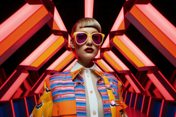 Model Showing Retro Clothes in Modern Eclectic Style on Runway with Neon Colors and Geometric Patterns, Fashion Revival Concept