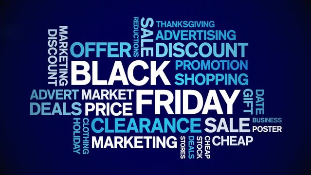 Black Friday animated word cloud;text design animation tag kinetic typography seamless loop.