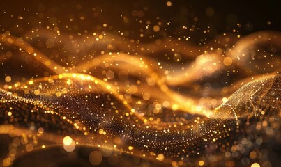 A golden wave of sparkling particles with bokeh on a dark brown background, glowing glitter effect