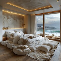 Minimalist bedroom with natural light and ocean views, emphasizing tranquility.