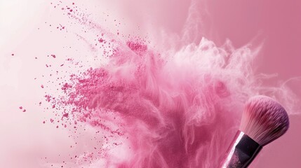 A makeup cosmetic brush sweeps through a burst of pink powder blush, Ai Generated.