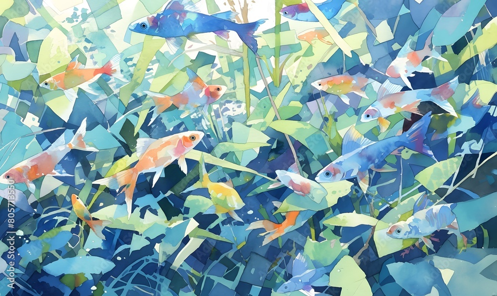 Wall mural watercolor of a school of bright neon tetra fish darting through water plants, generative ai - Wall murals