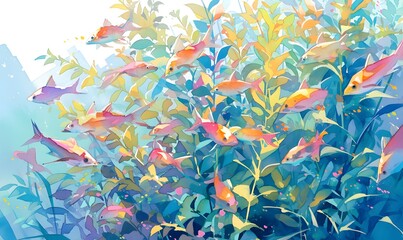 Fototapeta premium watercolor of a school of bright neon tetra fish darting through water plants, Generative AI