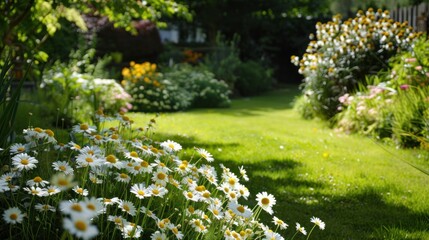A well-tended garden filled with golden daisies, showcasing a serene and inviting space