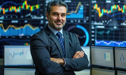 cinematic view of a financial analyst working with interactive holographic data visualization,