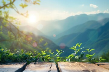 table background of free space for your decoration and blurred landscape of mountains.Blue sky with sun light and green small leaves - generative ai
