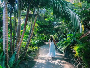 Woman wearing light blue summer sundress is enjoying a summer tropical relaxing walk.