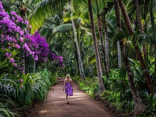 Fototapeta na wymiar Mother on vacation, is going for a relaxing walk amongst the ferns and tropical flowers, enjoying a relaxing break,