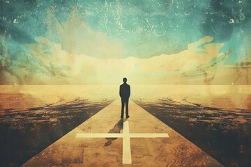 man standing at a crossroads contemplating the decision between two diverging paths symbolizing life choices and direction concept illustration