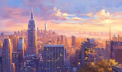 Watercolor panorama of New York City skyline at dusk,Generative AI