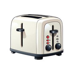 Retro cream toaster with red buttons. It has two slots for bread. isolated on a transparent background.
