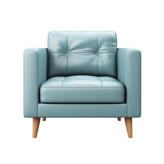 Scandinavian style single sofa. Light blue leather with wooden legs. isolated on a transparent background.