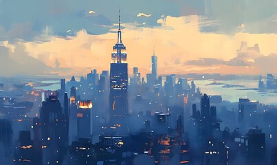 Naklejka premium Watercolor panorama of New York City skyline at dusk,Generative AI