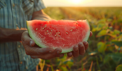A farmer holding a piece of watermelon in their hands in a field. Generative AI