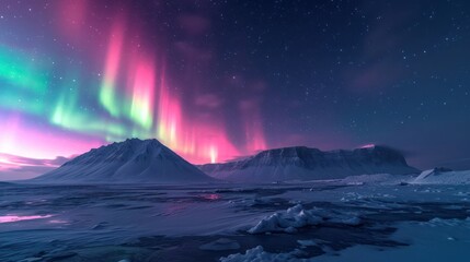 Beautiful landscape of the northern lights over hight mountains covered with snow - Powered by Adobe