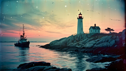 twilight tranquility. A lighthouse in the middle of a small rocky island, no trees. A tugboat on the harbour. 
Psychedelic colors, wet plate photography, tilt shift effect