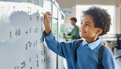 小学校の授業中、ホワイトボードで数学の課題の解答をする少年のポートレート - obrazy, fototapety, plakaty