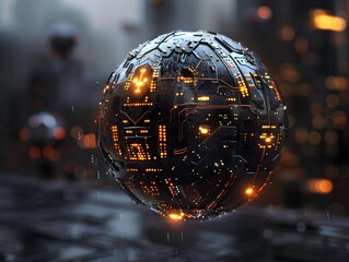 Captivating Mechanical Orb Suspended in Cinematic Sci-Fi Atmosphere with Intricate Glowing Circuits and Moody Lighting