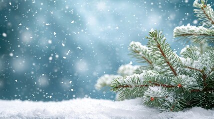 close up snow-covered fir green branches and snowfall flakes, Christmas banner background