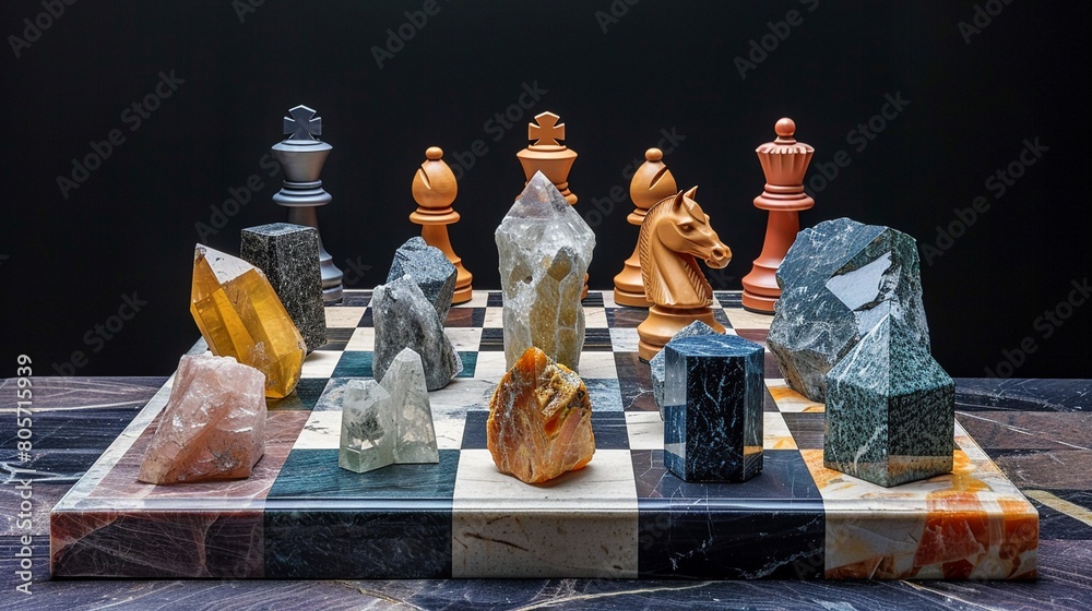 Wall mural chessboard with rare earth element pieces create a visual metaphor with a chessboard where the piece