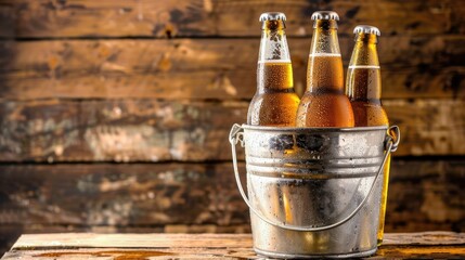 Cold beer bottles in bucket on wooden background, ready to enjoy. Ai Generated. - Powered by Adobe